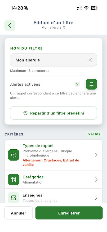 Écran d'édition d'un filtre permanent avec ses critères
