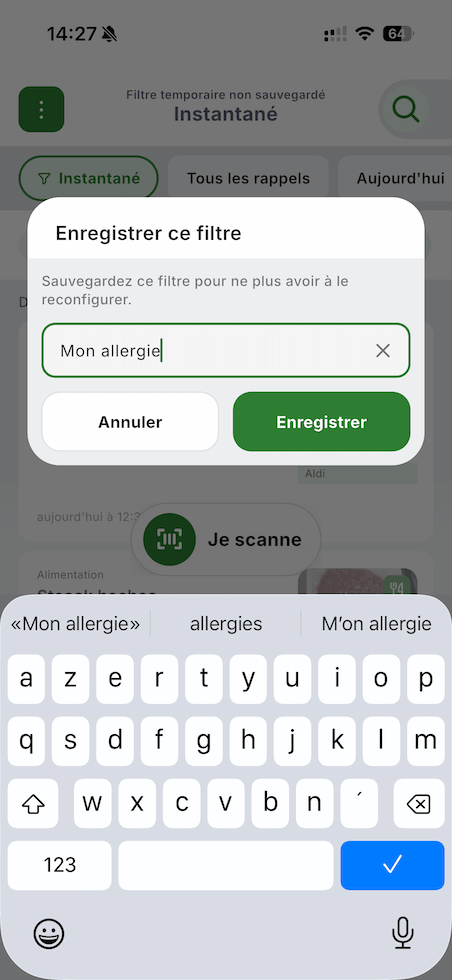 Modale d'enregistrement d'un filtre permanent avec saisie du nom