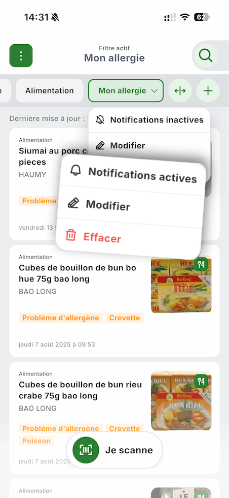 Filtre permanent créé avec menu de gestion des notifications