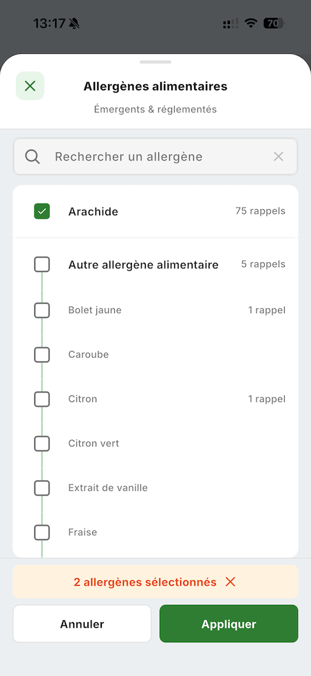 Sélection des allergènes organisés en groupes