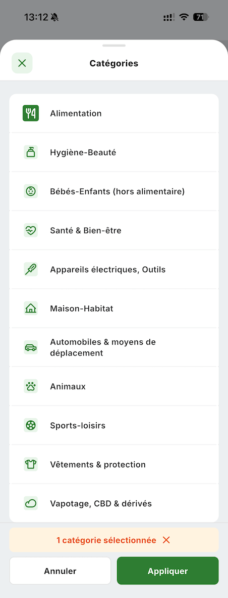 Liste des catégories de rappel disponibles dans Alerte-Conso