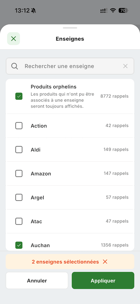Liste des enseignes disponibles dans les filtres Alerte-Conso