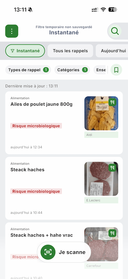 Bandeau de filtres instantanés sur l'écran d'accueil
