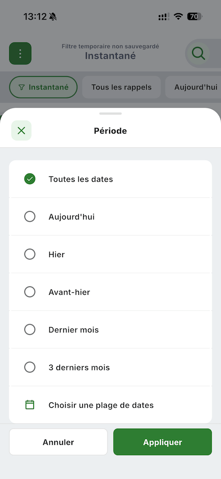 Sélection d'une période dans le filtre instantané