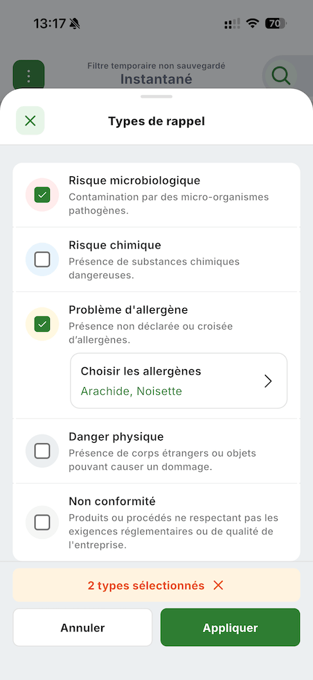 Sélection d'un type de rappel dans le filtre instantané