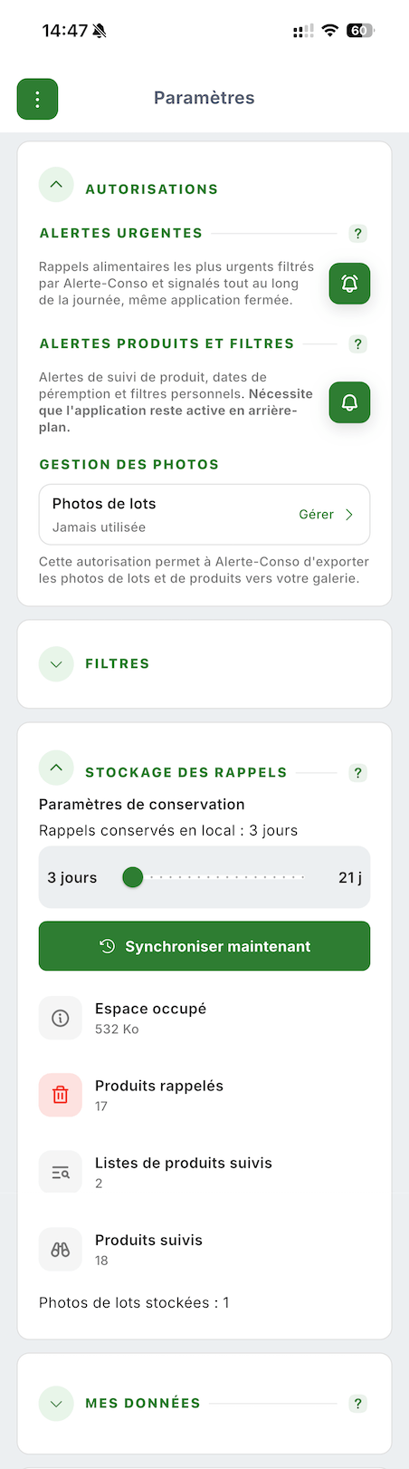 Paramètres de stockage des rappels dans Alerte-Conso