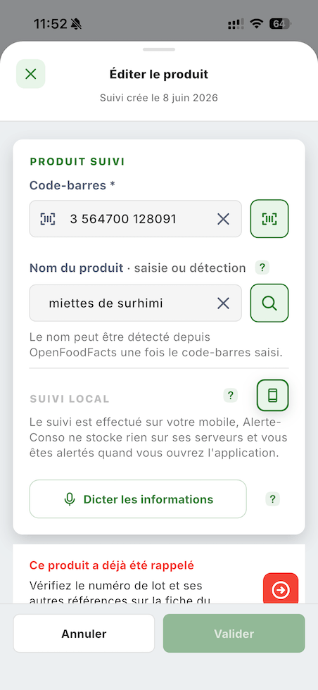 Notification de produit surveillé avec lien vers la liste correspondante