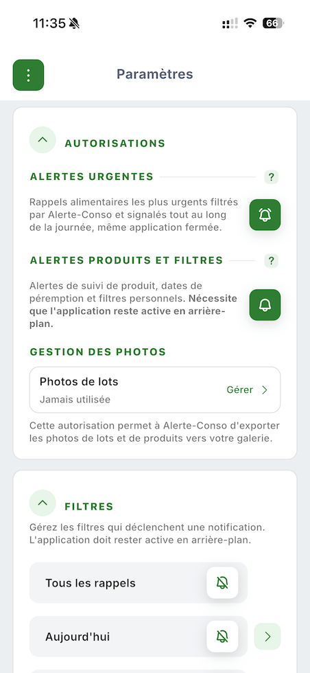 Les trois types de notifications Alerte-Conso : silencieuse, alerte urgente, produit surveillé