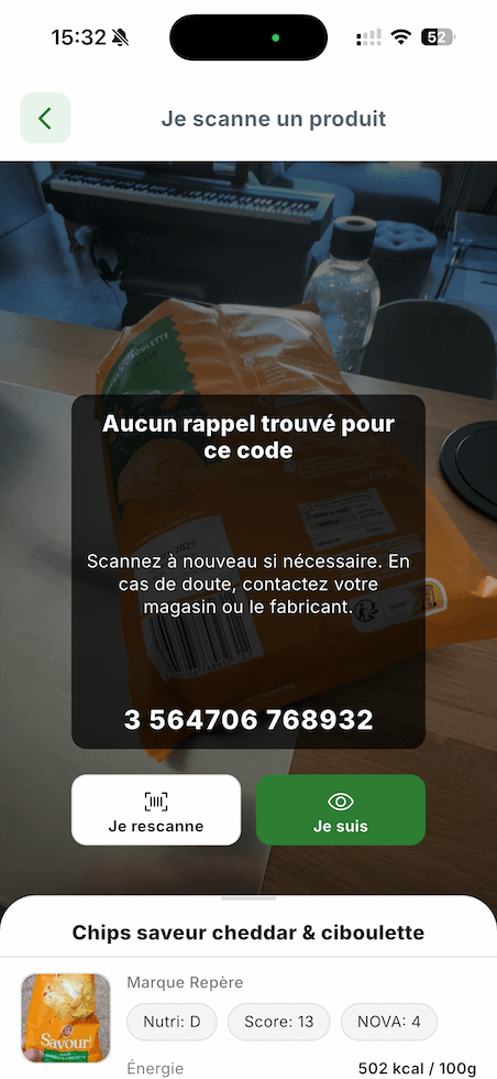 Résultat du scan affiché dans Alerte-Conso