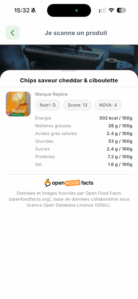 Données nutritionnelles Open Food Facts affichées après un scan