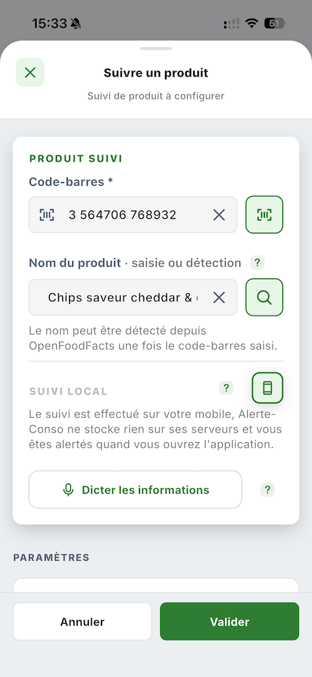 Écran de configuration du suivi d'un produit