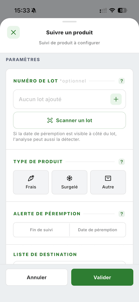 Saisie du numéro de lot et de la date de péremption