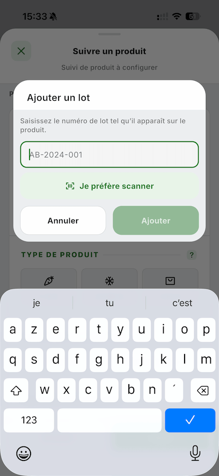 Saisie manuelle d'une référence de lot