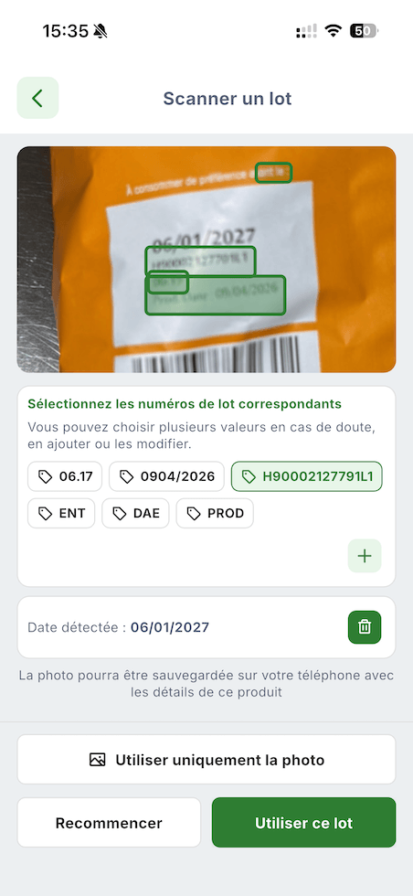 Résultats de la détection automatique du numéro de lot