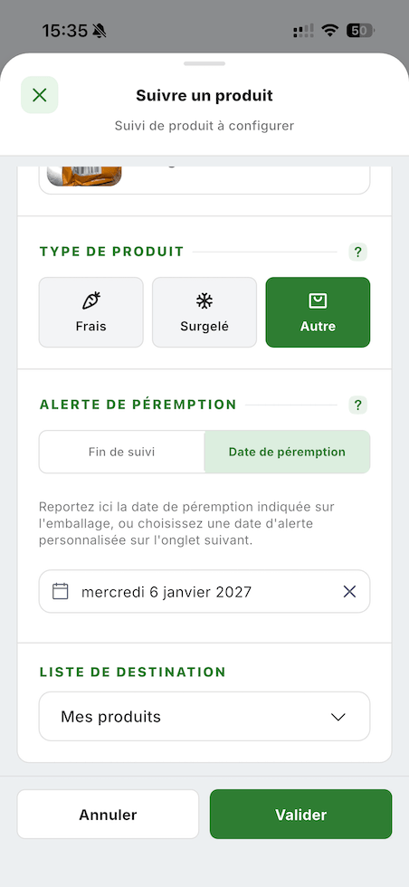 Catégorisation et dates de suivi d'un produit