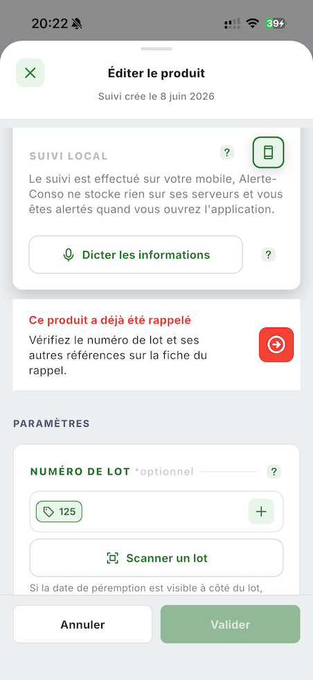 Avertissement pour un produit déjà présent dans la base de rappels